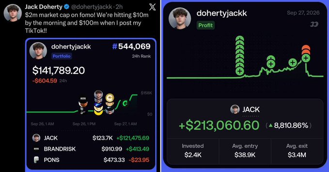 The image shows two screenshots of trading performance for user "dohertyjackk" on a memecoin platform, displaying a portfolio of $141,789.20 (with holdings including JACK, BRANDRISK, and PONS tokens) and a profit of +$213,060.60 (+8,810.86%) from an initial $2.4K investment. This visual evidence supports the accompanying post about Jack launching the $JACK token, pumping it to a $2M market cap, and then "rugging" (dumping) his holdings for approximately $200K in profit while his followers held the bag.