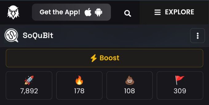 The image shows the SoQuBit app interface with a "Boost" button and engagement stats displaying 7,892 (rocket icon), 178 (fire), 108 (poop), and 309 (flag). It appears to be a promotional dashboard for a platform allegedly offering easy tasks with rewards like 300 USDT, likely being advertised as a money-making opportunity.