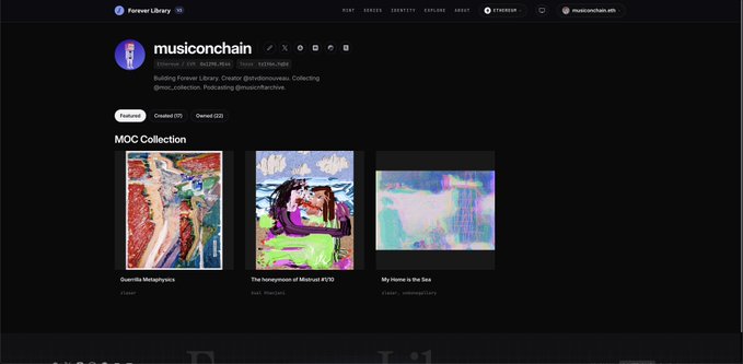 The screenshot shows a "Featured" profile page on Forever Library for user "musiccoinchain," displaying a curated "MOC Collection" of three artworks: "Guerrilla Metanphysics," "The Honeymoon of Motozuf ATTV," and "My Home is the Sea," along with a pencil edit icon next to the username. This visualizes the newly launched profile editing tool and "Featured works" tab, which lets users showcase their created or collected works on their FL profile.