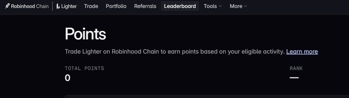 A Robinhood Chain | Lighter points dashboard displays "TOTAL POINTS: 0" and "RANK: —" with text indicating users can "Trade Lighter on Robinhood Chain to earn points based on your eligible activity," related to the second Lighter airdrop rewards program in partnership with Robinhood.