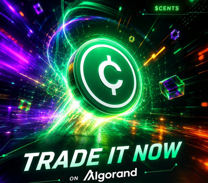 A glowing green "C" coin labeled "$CENTS" appears amid vibrant neon streaks and floating crystals, with bold text reading "TRADE IT NOW ON Algorand" — visually promoting the $CENTS token as a trading opportunity on the Algorand blockchain, aligning with the post's call to trade, hold, and earn with limited monthly emissions powered by $ALGO.