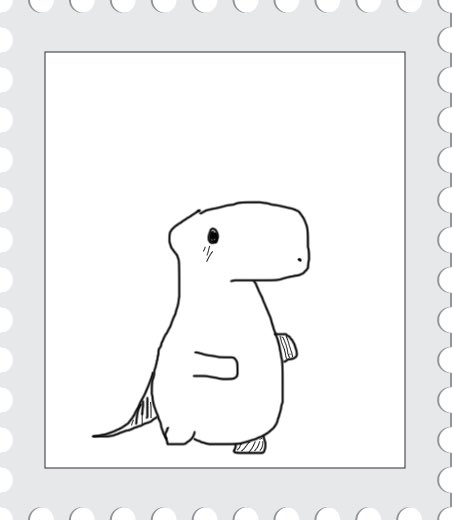 The image features a black and white drawing of a dinosaur, which appears to be a T-Rex or a similar creature. The dinosaur is standing upright with its arms outstretched as if ready for action. The drawing is enclosed within a frame that has a border, giving it an artistic touch. The post includes a link to follow the artist's work and a drop-down menu where viewers can select their preferred artwork.