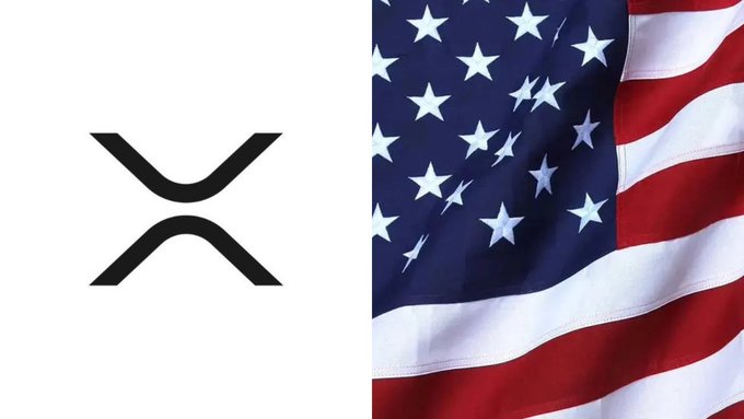 An image split into two sections: the left side shows the black XRP logo, and the right side displays a close-up of the American flag.