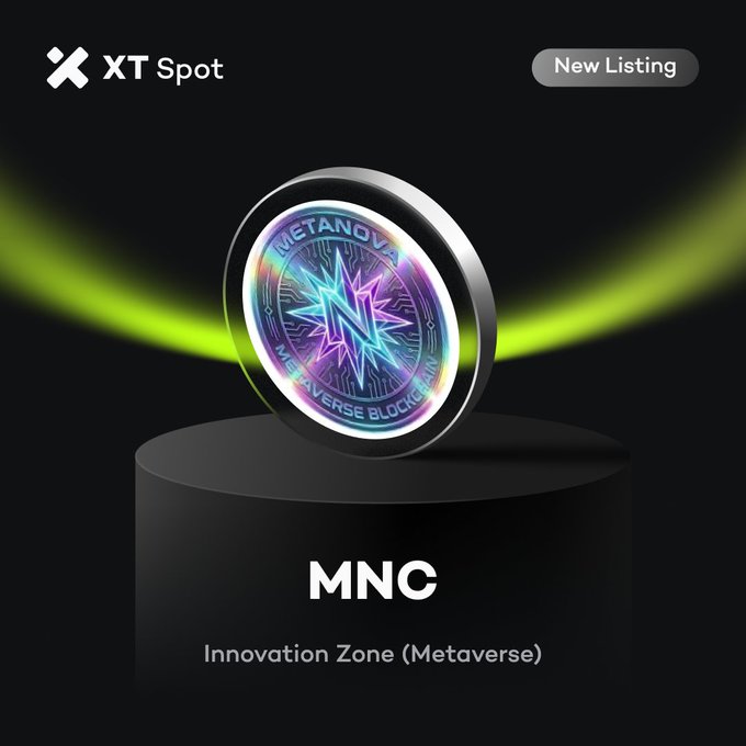 XT Spot product listing for MNC, labeled as 'Innovation Zone (Metaverse),' showing a glowing cryptocurrency coin on a black pedestal.