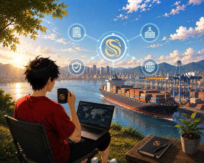 A digital illustration of a person sitting by the water holding a laptop and a mug with an 'S' logo, looking out at a large cargo ship, with floating digital icons suggesting global commerce or logistics.
