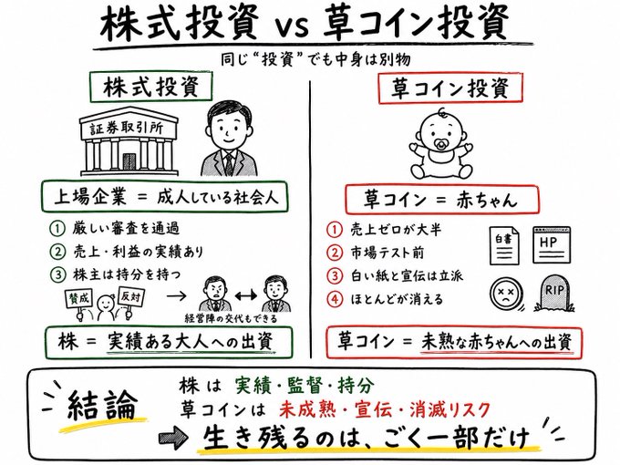 A Japanese comparison chart titled '株式投資 vs 草コイン投資' (Stock Investment vs Grass Coin Investment), comparing legitimate stock investments in established companies to risky cryptocurrency investments, concluding that 'only a tiny fraction will survive'.