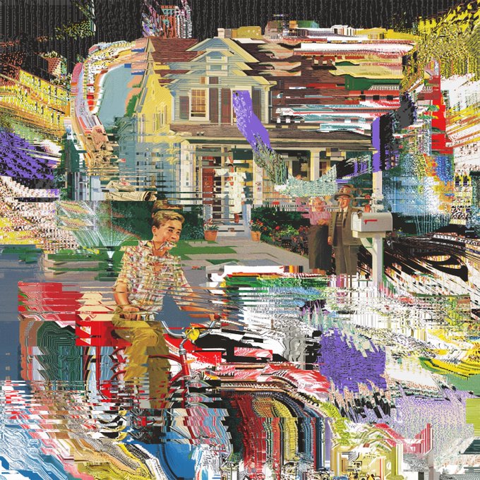 A heavily glitched, colorful image appears to depict a scene from the movie "Edward Scissorhands," showing a boy on a bicycle in a suburban neighborhood with heavily distorted pixelation and color artifacts.