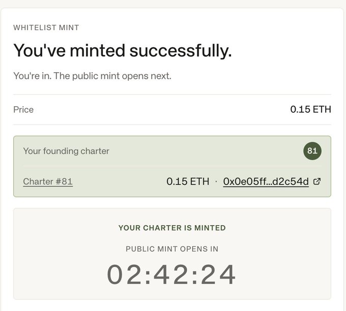 An extended mint confirmation screen showing "You've minted successfully" with charter #81, price of 0.15 ETH, transaction hash "0x0e05ff...d2c54d", and a countdown timer reading "02:42:24" until the public mint opens.