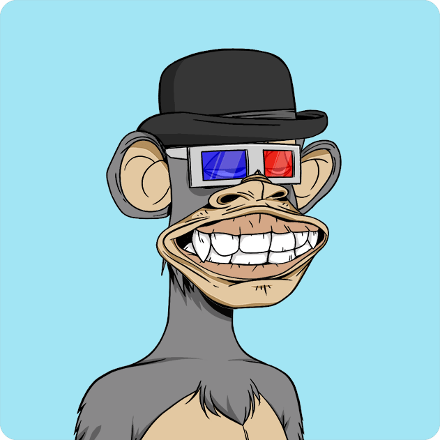A cartoon NFT-style illustration of a gray monkey wearing a black bowler hat and red-and-blue 3D glasses, grinning widely with large white teeth against a light blue background.