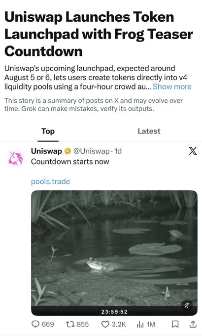 A screenshot shows a news headline "Uniswap Launches Token Launchpad with Frog Teaser Countdown," accompanied by a tweet from @Uniswap featuring a grayscale image of a frog in a pond with a "23:59:52" countdown timer and the text "Countdown starts now," aligning with the post's "Almost there degens" message as the launchpad's August 5-6 debut nears.