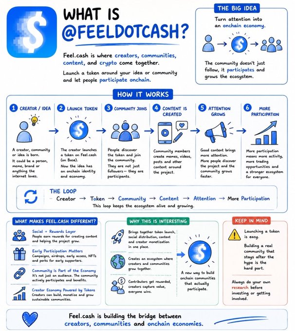 An infographic explaining '@FEELDOTCASH' as a platform where creators, communities, content, and crypto converge, detailing a 6-step loop from Creator to Token to Community to Content to Attention to More Participation.