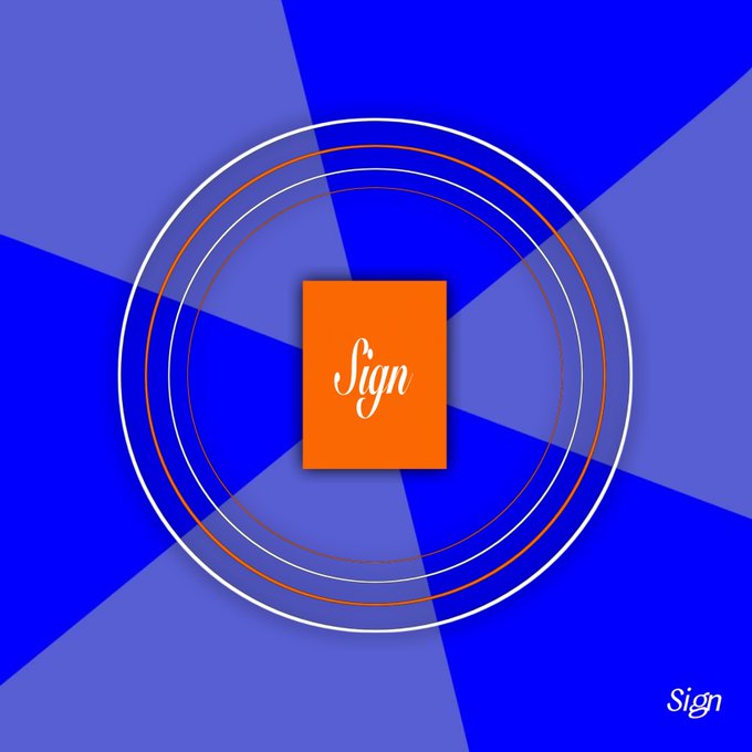 A geometric design featuring concentric circles radiating around a central orange rectangle containing the cursive word 'Sign', set against a blue checkered background.