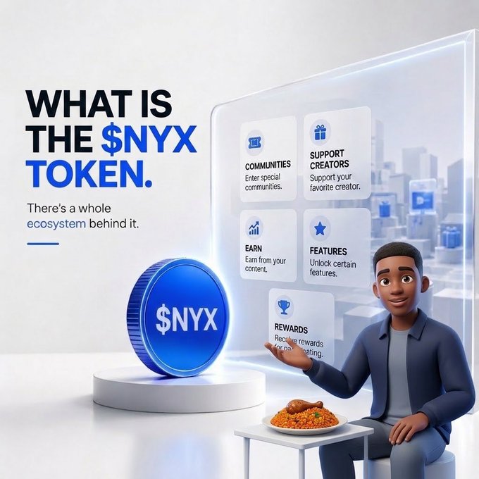 A promotional graphic asking 'WHAT IS THE $NYX TOKEN' showing a blue coin with '$NYX' beside a 3D animated man eating a plate of jollof rice, with categories like Communities, Support Creators, Earn, Features, and Rewards.