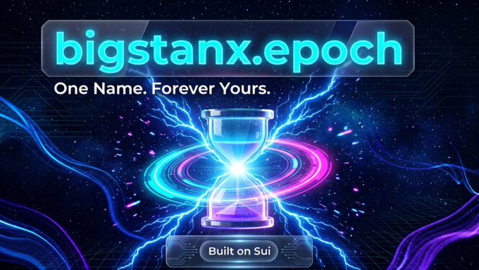 A promotional graphic for 'bigstanx.epoch' with the tagline 'One Name. Forever Yours.' and 'Built on Sui,' featuring a glowing hourglass surrounded by electric blue and purple energy waves.