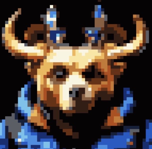A pixel art image depicts a brown and white bull-like creature with large curved horns, blue markings, and an intense expression against a black background.