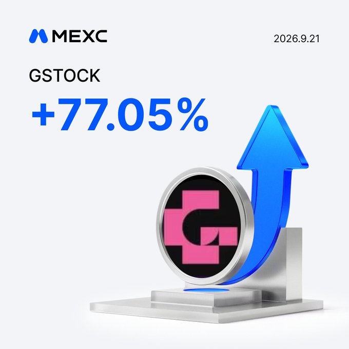 A MEXC futures graphic dated 2026.9.21 showcases the GSTOCK token logo alongside a large blue upward arrow, highlighting its +77.05% gain over 24 hours to match the post's bullish update.