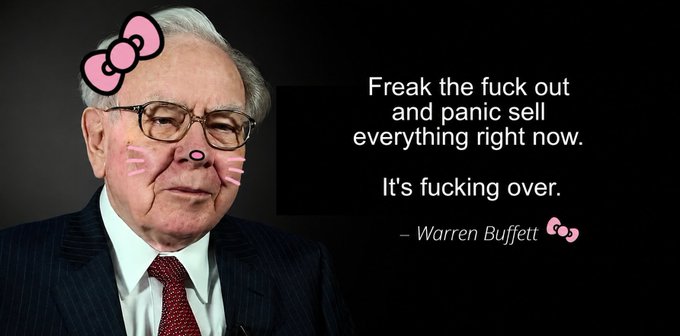 A digitally altered image of Warren Buffett's face decorated with Hello Kitty stickers, including whiskers and a pink bow, accompanied by a fake quote telling people to panic sell.