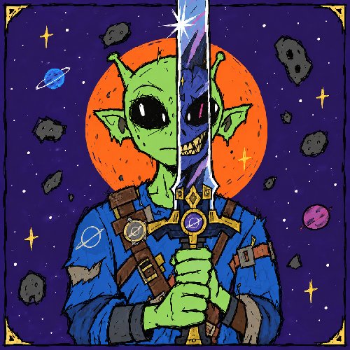 A cartoon illustration of a green-skinned alien or orc-like character wearing blue armor and holding a glowing sword, with a planet and asteroids visible in the cosmic background.