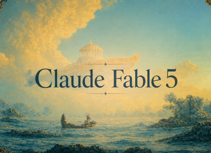 The image features a painting of a boat with two people on board, sailing across a body of water under a cloudy sky. The background includes a large ship or temple-like structure, which appears to be part of the scene depicted in the painting. The text "NoahAI now supports Claude Fable 5" is written below the image, indicating that the post is related to the artwork and possibly discussing the artist's inspiration for the piece.