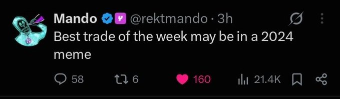 A tweet from verified user "Mando" (@rektmando) reads "Best trade of the week may be in a 2024 meme" with 160 likes and 21.4K views. The post hints at potential trading opportunities in newer meme tokens, contrasting with the accompanying commentary about $EPIK's troubled history that couldn't sustain its momentum without further community support and visibility.