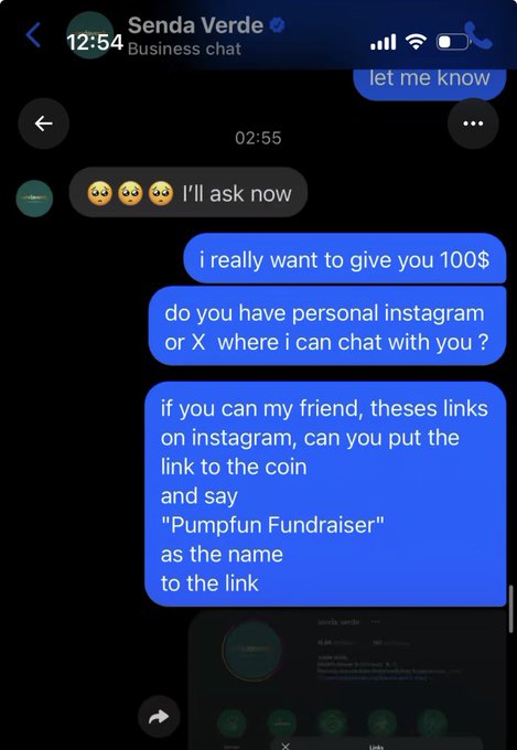 A screenshot of a direct message chat with "Senda Verde" where someone promises $100 to have a friend post a "Pumpfun Fundraiser" link on their Instagram with the name "Pumpfun Fundraiser" attached to it. This directly illustrates the post's accusation of how launches buy visibility by bribing social managers to feature tokens in influencer bios.