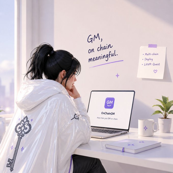 Illustration of a woman working on a laptop displaying the 'OnChainGM' logo, with handwritten wall text reading 'GM, on chain meaningful' and a sticky note listing 'Multi-chain,' 'Deploy,' and 'LitVM Quest.'