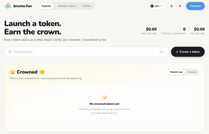 Screenshot of the brume.fun website with the tagline 'Launch a token. Earn the crown.' It shows 0 tokens launched and states 'No crowned tokens yet'.