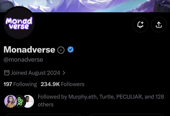 A Twitter/X profile page for Monadverse (@monadverse), which joined August 2024 and has 234.9K followers, with a purple logo and banner image.