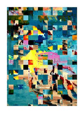 A colorful abstract painting composed of small, pixelated squares in various hues of blue, yellow, pink, and green, with a bright yellow central area.