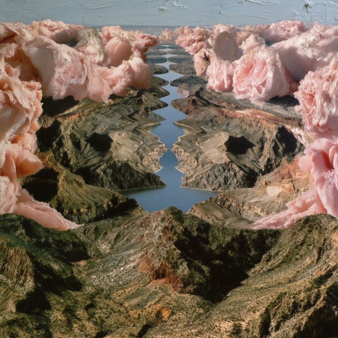 A surreal digital artwork depicting a mountainous landscape with a blue lake, framed by pink cotton candy-like formations at the top, with greenish hills below.