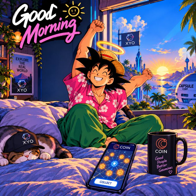Vibrant anime-style illustration of a character in a pink floral shirt waking up happily on a bed, with a smartphone showing 'COIN' and a 'Good Morning' greeting.