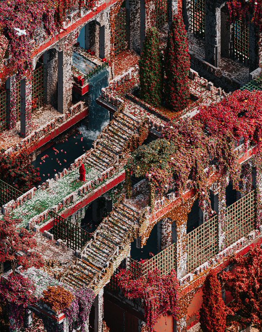 A highly detailed, surreal isometric artwork depicting an overgrown architectural ruin with red flowers and foliage cascading over multi-level stone structures, staircases, and waterways.