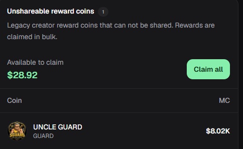 A screenshot of a digital wallet showing 'Unshareable reward coins' with a balance of $28.92 available to claim, including an asset labeled 'UNCLE GUARD'.