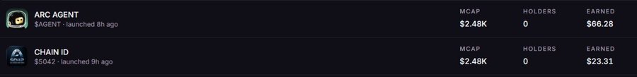 A cryptocurrency tracking dashboard displays two tokens: ARC AGENT ($AGENT, launched 8h ago) with a $2.48K market cap, 0 holders, and $66.28 earned; and CHAIN ID ($5042, launched 9h ago) with a $2.48K market cap, 0 holders, and $23.31 earned.