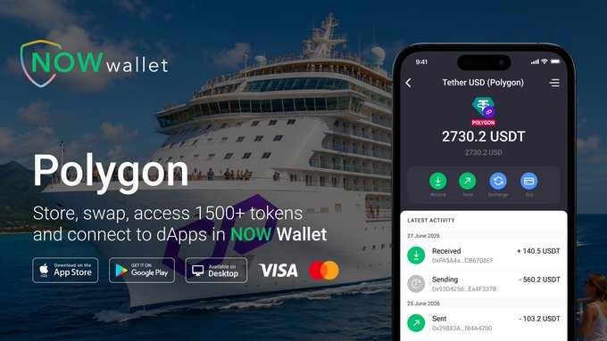 A promotional graphic for NOW Wallet shows a smartphone displaying a Polygon network Tether USDT balance of 2730.2 USDT, with the text 'Polygon - Store, swap, access 1500+ tokens and connect to dApps in NOW Wallet' against a background of a cruise ship on the ocean.