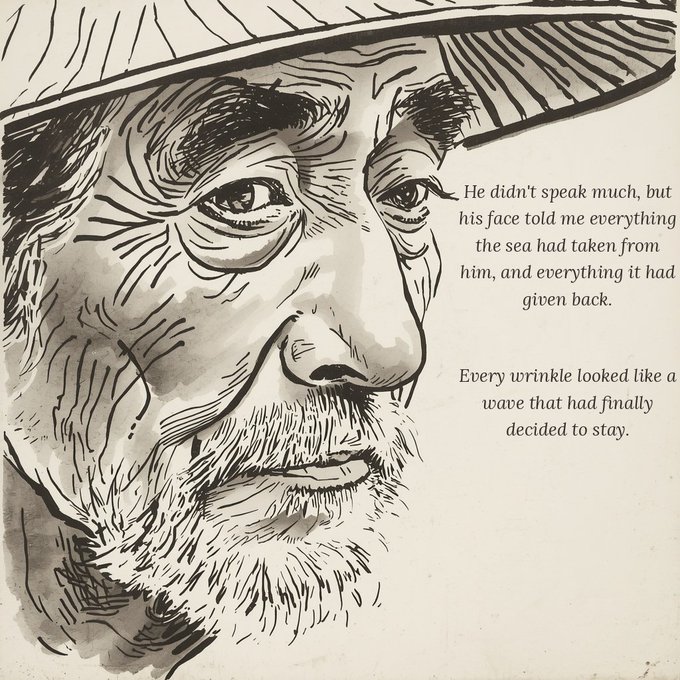 An ink and watercolor illustration of an older man's weathered face under a wide-brimmed hat, accompanied by the text: "He didn't speak much, but his face told me everything the sea had taken from him, and everything it had given back. Every wrinkle looked like a wave that had finally decided to stay."