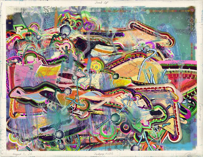 The image shows a vibrant, chaotic abstract mixed-media artwork titled "Junk Pot" with handwritten text at the top, likely showcasing one of the "Jankpop" NFT pieces being given away in the competition. Faint text in the lower corners appears to include edition numbers and signatures typical of print editions.