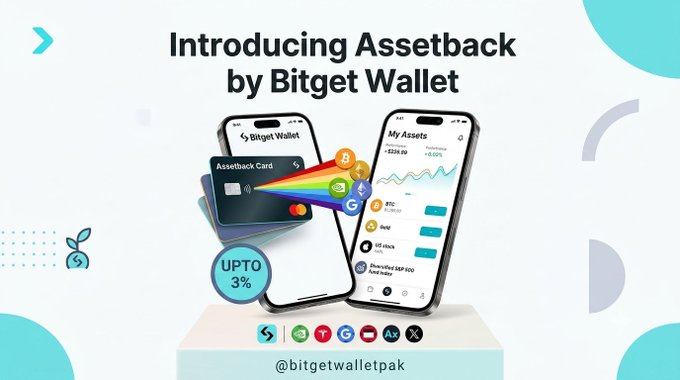 A promotional graphic titled "Introducing Assetback by Bitget Wallet" showcases two smartphones displaying the app interface—one featuring an "Assetback Card" with a rainbow trail of cryptocurrency tokens (BTC, ETH, USDC) and the other showing a "My Assets" portfolio screen. A teal badge highlights "UPTO 3%," and supported assets including BTC, Gold, and the Diversified S&P 500 are listed at the bottom alongside the handle "@bitgetwalletpak," visually reinforcing the post's message about earning up to 3% back in appreciating assets like BTC, gold, US stocks, and USDC instead of traditional depreciating cashback.