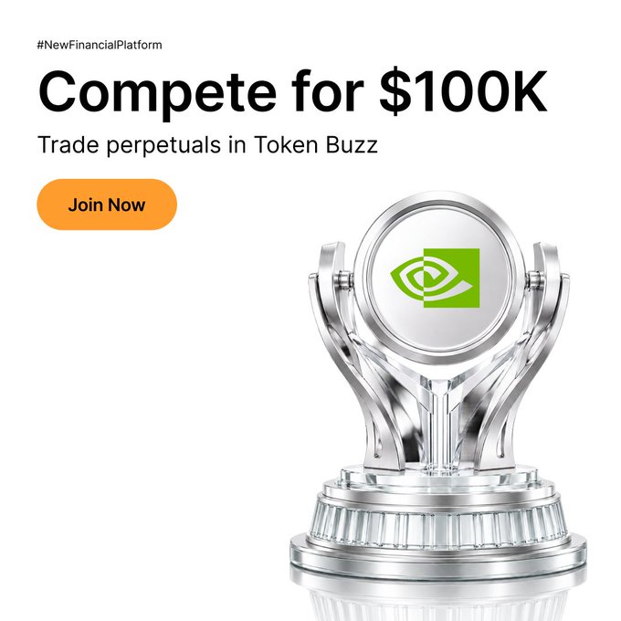 A promotional graphic featuring a silver trophy with the NVIDIA logo, advertising a $100,000 trading competition on Token Buzz with the tagline "Compete for $100K - Trade perpetuals in Token Buzz" and a "Join Now" call-to-action button.