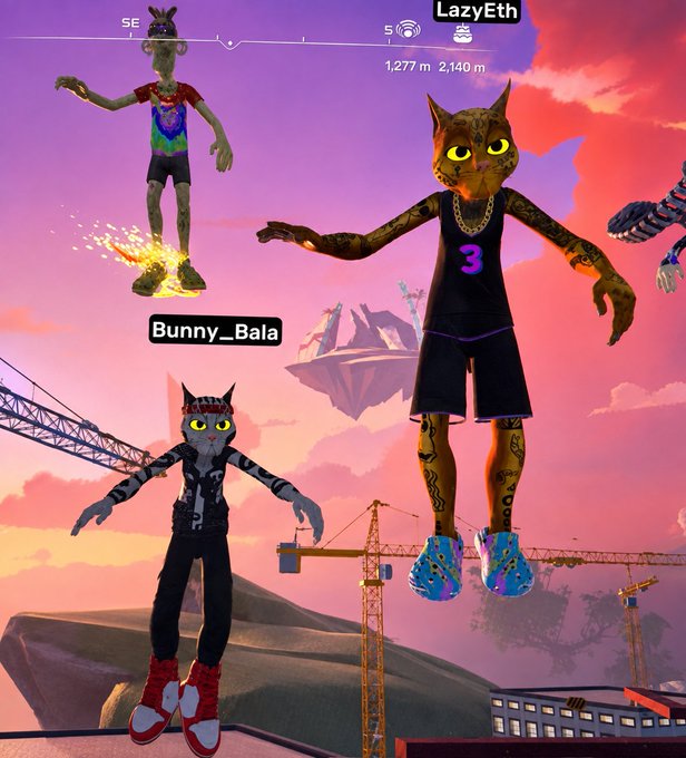 A screenshot from the game LazyEth showing three anthropomorphic cat avatars with yellow eyes wearing basketball outfits, with one labeled 'Bunny_Bala', floating in a pink sunset sky environment.