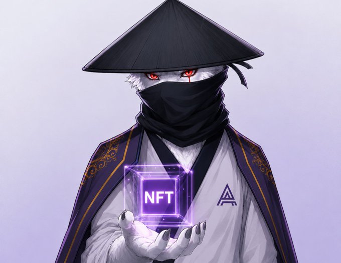 An anime-style anthropomorphic character wearing a black conical hat and face mask holds a glowing purple cube labeled 'NFT'.