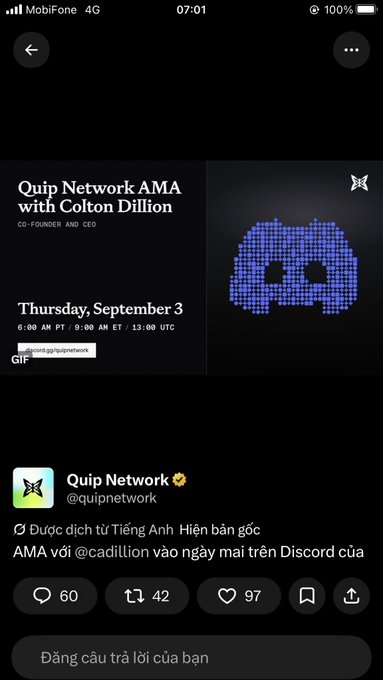 A mobile screenshot of a Twitter/X post by Quip Network (@quipnetwork) announcing an 'AMA with Colton Dillion,' scheduled for Thursday, September 3.