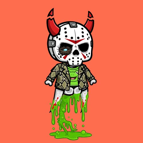 A cartoon character wearing a hockey mask with red horns, a plaid jacket, and green shirt, melting into a puddle of green slime against a coral background.