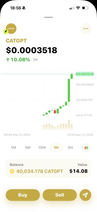 A mobile app screen shows the CATGPT cryptocurrency at $0.0003518, up 10.08% in the last hour, with a balance of 40,034.178 CATGPT ($14.08).