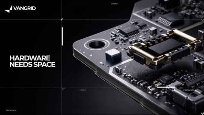 A tech graphic labeled 'VANGRID' with the tagline 'HARDWARE NEEDS SPACE', showing a close-up of a circuit board with electronic components.