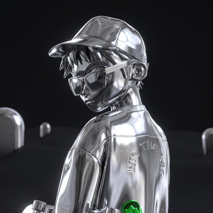 A chrome 3D-rendered figure of a boy wearing a cap and sunglasses, with text on the jacket reading 'INTO THE ARC', set against a dark background.