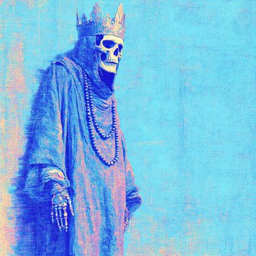 A stylized, blue-tinted illustration of a skeletal figure wearing a crown, robes, and a beaded necklace.