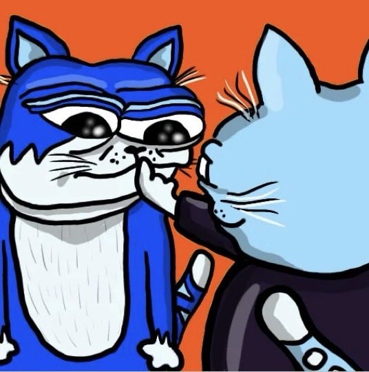 Digital illustration of a blue cat and a light blue cat (Pop Cat style) on an orange background, with one cat poking the other's nose.