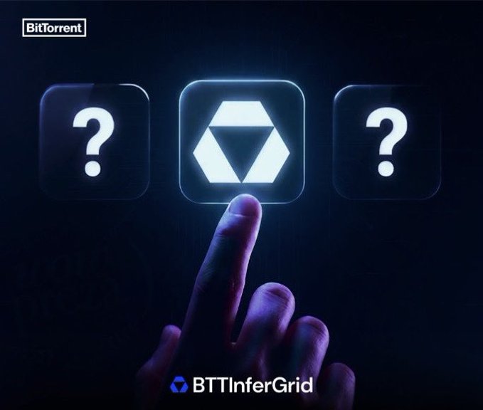 The image features the BitTorrent logo at the top left, with a hand pointing at a glowing "BTTInferGrid" hexagon icon in the center, flanked by two question mark tiles, visually representing the post's theme of evaluating which GPUs meet the specific performance requirements needed for AI inference on the decentralized BTTInferGrid compute network.