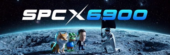 The image features a banner that says "SPCX 6900" with three cartoon characters standing next to each other, including a dog. The characters are positioned at different angles, giving viewers an idea of their positions relative to one another. The background is a picture of the moon and stars, which adds to the overall theme of space exploration or adventure.